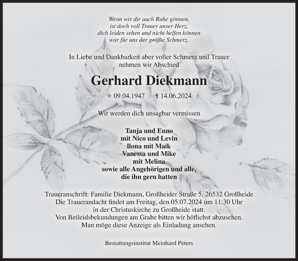  Traueranzeige für Gerhard Diekmann vom 03.07.2024 aus Ostfriesischer Kurier GmbH