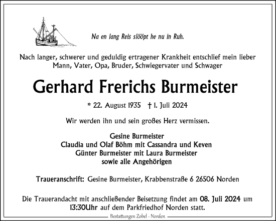 Traueranzeige von Gerhard Frerichs Burmeister von Ostfriesischer Kurier GmbH