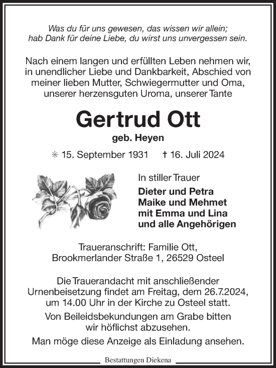 Traueranzeige von Getrud Ott von Ostfriesischer Kurier GmbH