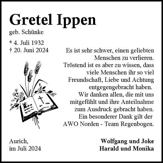 Traueranzeige von Gretel Ippen von Ostfriesischer Kurier GmbH