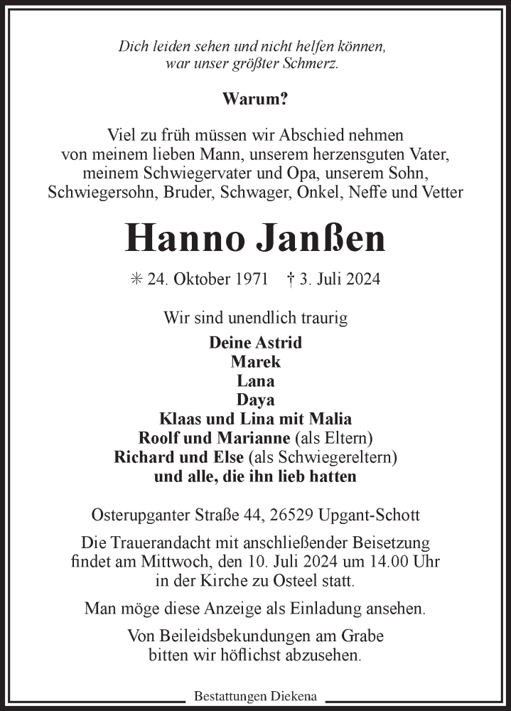  Traueranzeige für Hanno Janßen vom 05.07.2024 aus Ostfriesischer Kurier GmbH