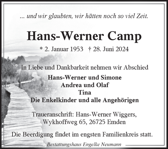 Traueranzeige von Hans-Werner Camp von Ostfriesischer Kurier GmbH