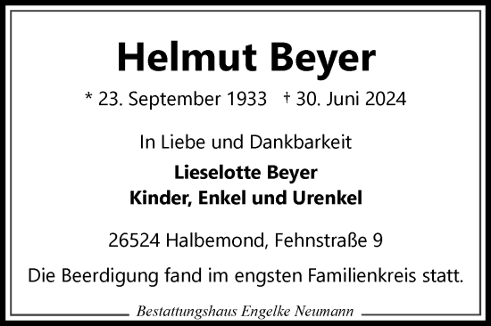 Traueranzeige von Helmut Beyer von Ostfriesischer Kurier GmbH