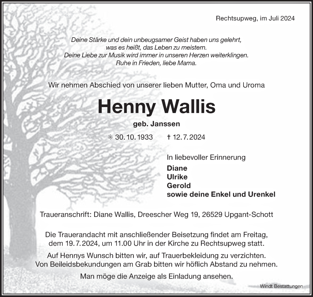  Traueranzeige für Henny Wallis vom 17.07.2024 aus Ostfriesischer Kurier GmbH