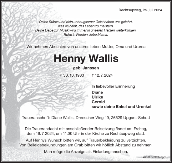 Traueranzeige von Henny Wallis von Ostfriesischer Kurier GmbH