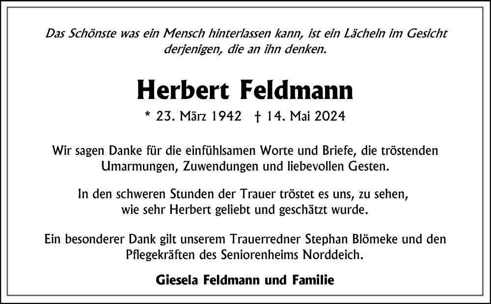 Traueranzeige für Herbert Feldmann vom 03.07.2024 aus Ostfriesischer Kurier GmbH