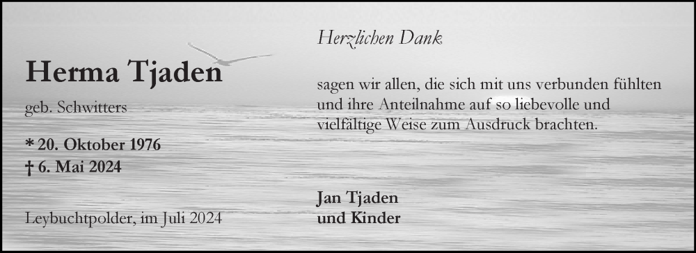  Traueranzeige für Herma Tjaden vom 13.07.2024 aus Ostfriesischer Kurier GmbH