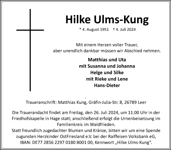 Traueranzeige von Hilke Ulms-Kung von Ostfriesischer Kurier GmbH