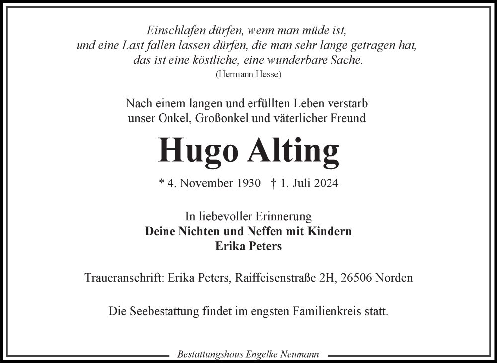  Traueranzeige für Hugo Alting vom 05.07.2024 aus Ostfriesischer Kurier GmbH