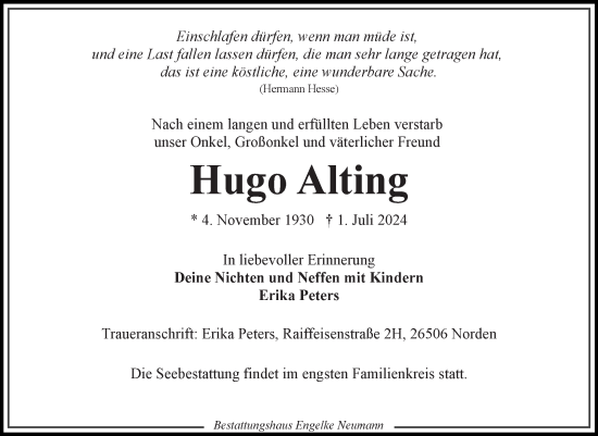 Traueranzeige von Hugo Alting von Ostfriesischer Kurier GmbH