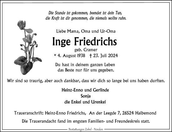Traueranzeige von Inge Friedrichs von Ostfriesischer Kurier GmbH