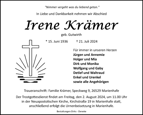 Traueranzeige von Irene Krämer von Ostfriesischer Kurier GmbH