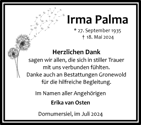 Traueranzeige von Irma Palma von Ostfriesischer Kurier GmbH