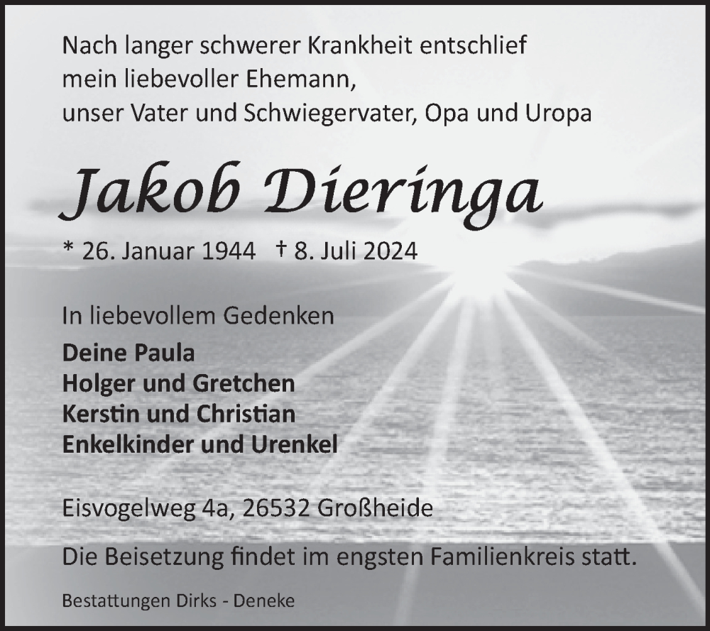  Traueranzeige für Jakob Dieringa vom 13.07.2024 aus Ostfriesischer Kurier GmbH