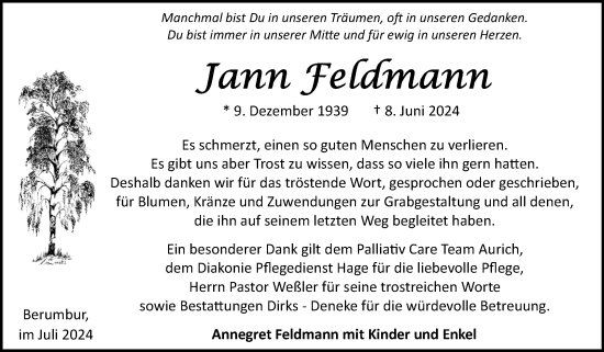 Traueranzeige von Jann Feldmann von Ostfriesischer Kurier GmbH