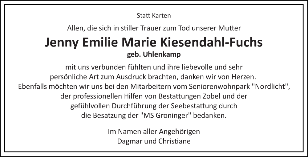  Traueranzeige für Jenny Emilie Marie Kiesendahl-Fuchs vom 13.07.2024 aus Ostfriesischer Kurier GmbH