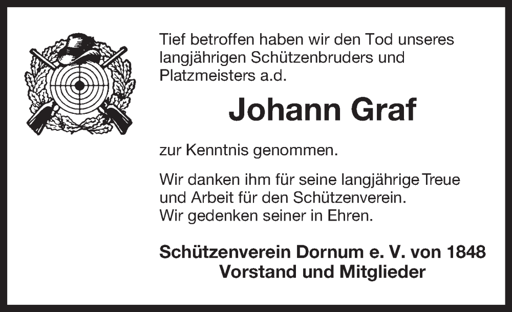  Traueranzeige für Johann Graf vom 17.07.2024 aus Ostfriesischer Kurier GmbH