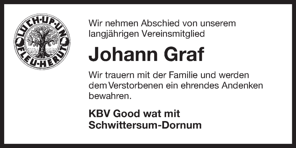  Traueranzeige für Johann Graf vom 18.07.2024 aus Ostfriesischer Kurier GmbH