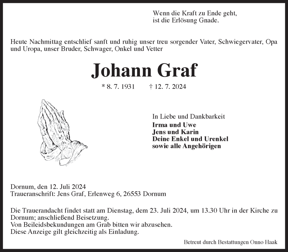 Traueranzeige für Johann Graf vom 16.07.2024 aus Ostfriesischer Kurier GmbH