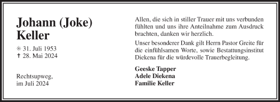 Traueranzeige von Johann Keller von Ostfriesischer Kurier GmbH