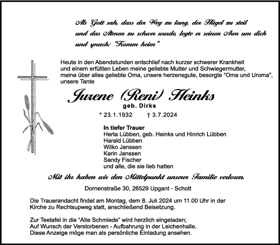 Traueranzeige von Jurene Heinks von Ostfriesischer Kurier GmbH