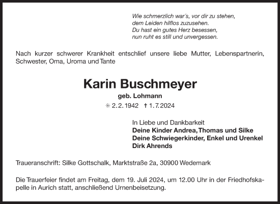 Traueranzeige von Karin Buschmeyer von Ostfriesischer Kurier GmbH