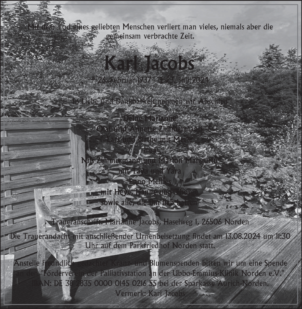  Traueranzeige für Karl Jacobs vom 27.07.2024 aus Ostfriesischer Kurier GmbH