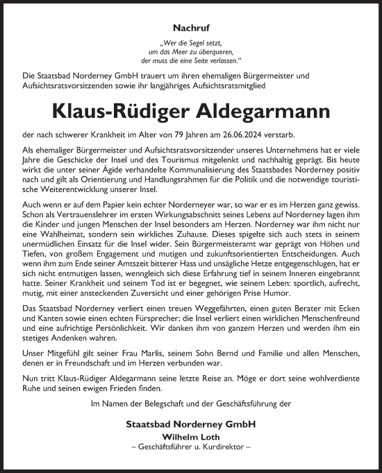 Traueranzeige von Klaus-Rüdiger Aldegarmann von Ostfriesischer Kurier GmbH