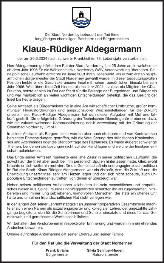 Traueranzeige von Klaus-Rüdiger Aldegarmann von Ostfriesischer Kurier GmbH
