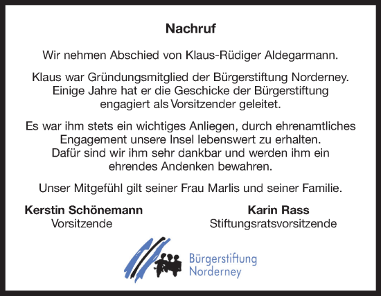 Traueranzeige von Klaus-Rüdiger Aldegarmann von Ostfriesischer Kurier GmbH