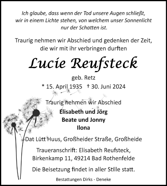 Traueranzeige von Lucie Reufsteck von Ostfriesischer Kurier GmbH
