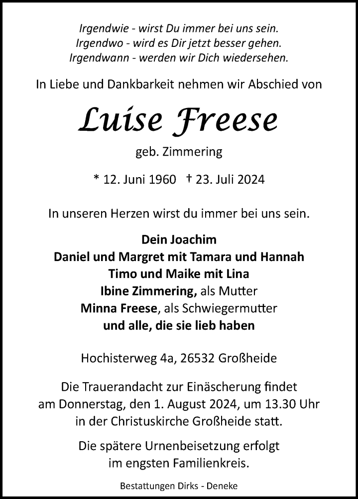  Traueranzeige für Luise Freese vom 27.07.2024 aus Ostfriesischer Kurier GmbH