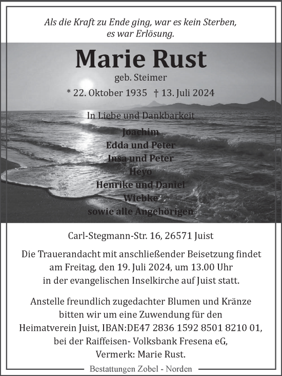 Traueranzeige von Marie Rust von Ostfriesischer Kurier GmbH