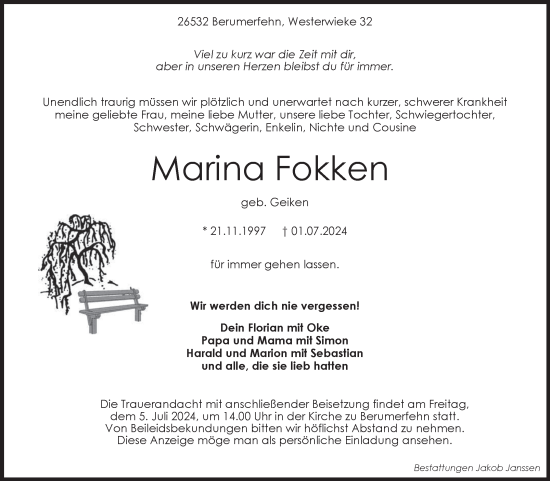 Traueranzeige von Marina Fokken von Ostfriesischer Kurier GmbH