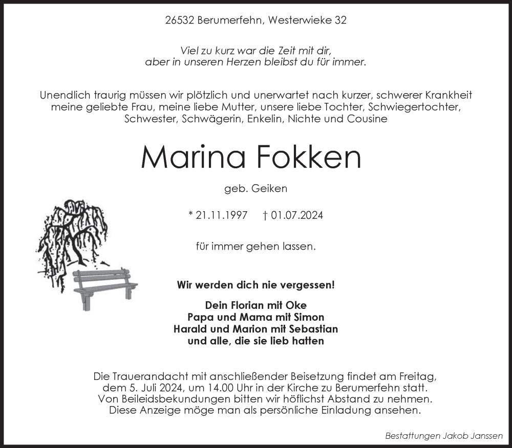  Traueranzeige für Marina Fokken vom 03.07.2024 aus Ostfriesischer Kurier GmbH