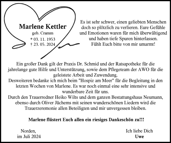 Traueranzeige von Marlene Kettler von Ostfriesischer Kurier GmbH