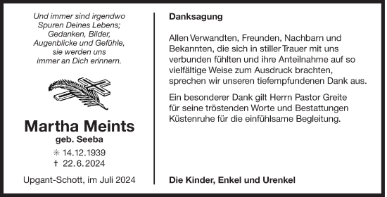 Traueranzeige von Martha Meints von Ostfriesischer Kurier GmbH