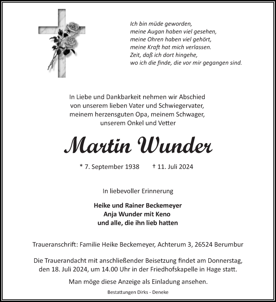  Traueranzeige für Martin Wunder vom 13.07.2024 aus Ostfriesischer Kurier GmbH