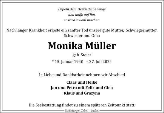 Traueranzeige von Monika Müller von Ostfriesischer Kurier GmbH