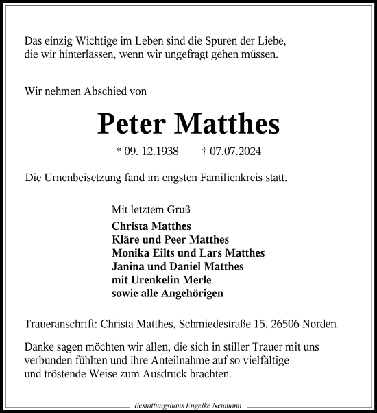Traueranzeige von Peter Matthes von Ostfriesischer Kurier GmbH