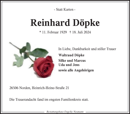 Traueranzeige von Reinhard Döpke von Ostfriesischer Kurier GmbH