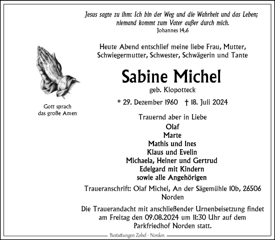 Traueranzeige von Sabine Michel von Ostfriesischer Kurier GmbH