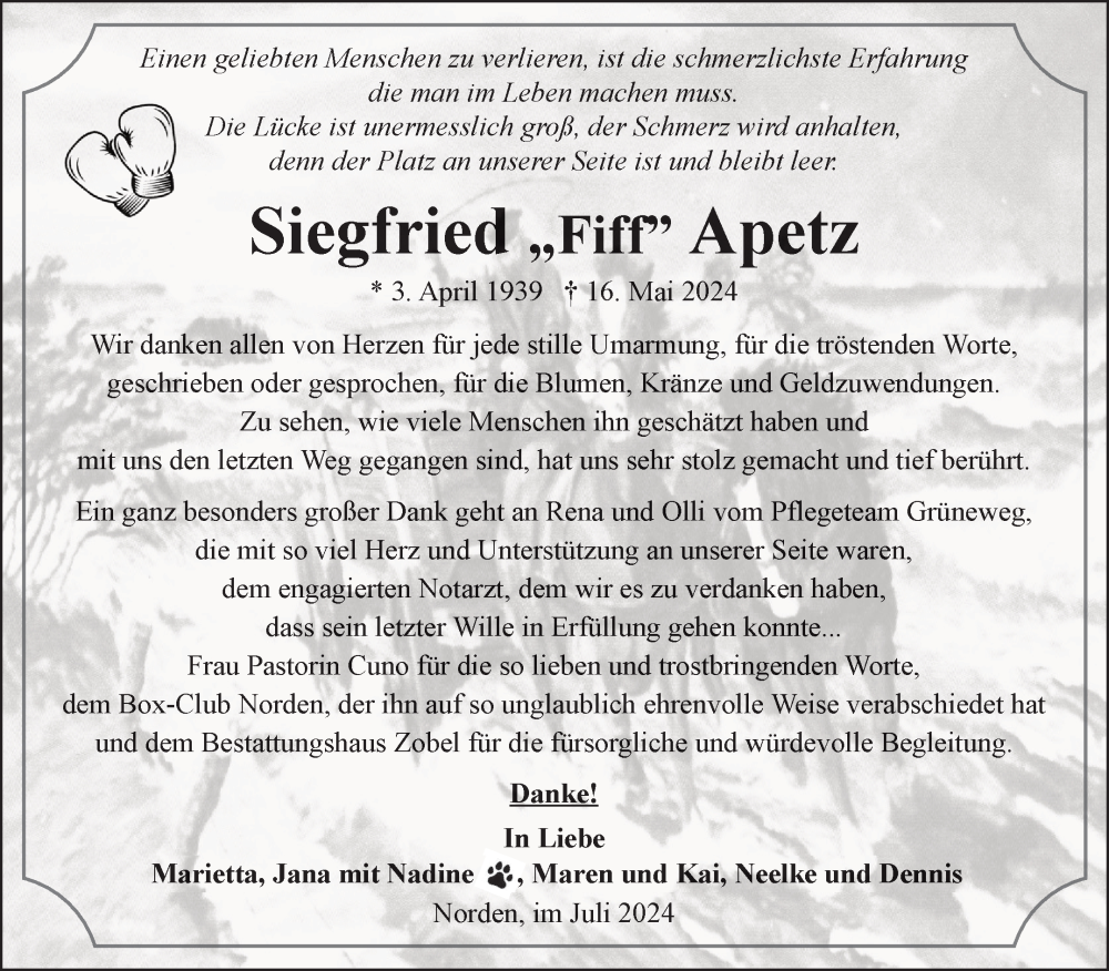  Traueranzeige für Siegfried Apetz vom 05.07.2024 aus Ostfriesischer Kurier GmbH