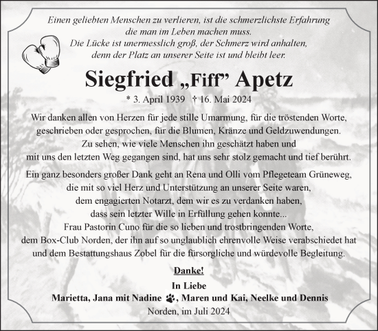 Traueranzeige von Siegfried Apetz von Ostfriesischer Kurier GmbH