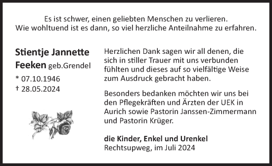 Traueranzeige von Stientje Jannette Feeken von Ostfriesischer Kurier GmbH