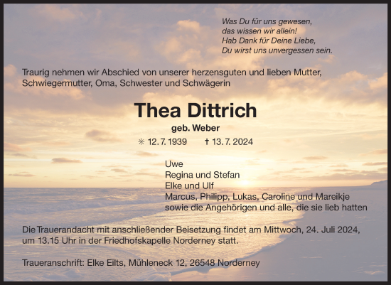 Traueranzeige von Thea Dittrich von Ostfriesischer Kurier GmbH