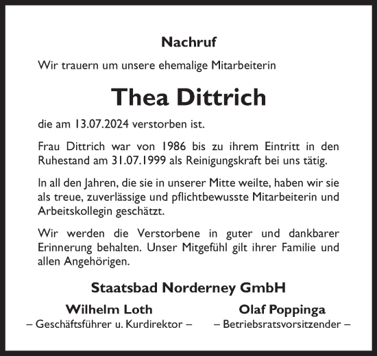 Traueranzeige von Thea Dittrich von Ostfriesischer Kurier GmbH