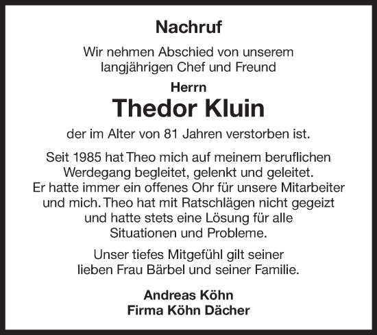 Traueranzeige von Theodor Kluin von Ostfriesischer Kurier GmbH
