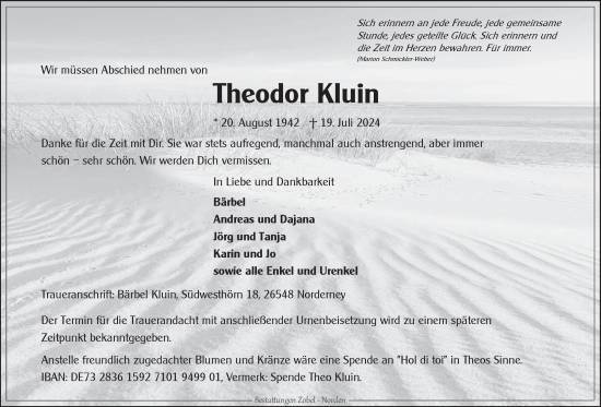Traueranzeige von Theodor Kluin von Ostfriesischer Kurier GmbH
