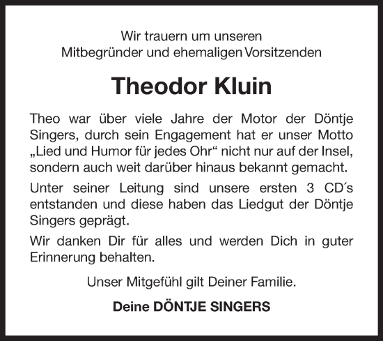 Traueranzeige von Theodor Kluin von Ostfriesischer Kurier GmbH